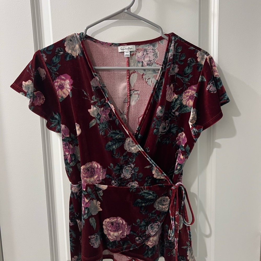Love Fire Burgandy Red Velour Floral Wrap Blouse